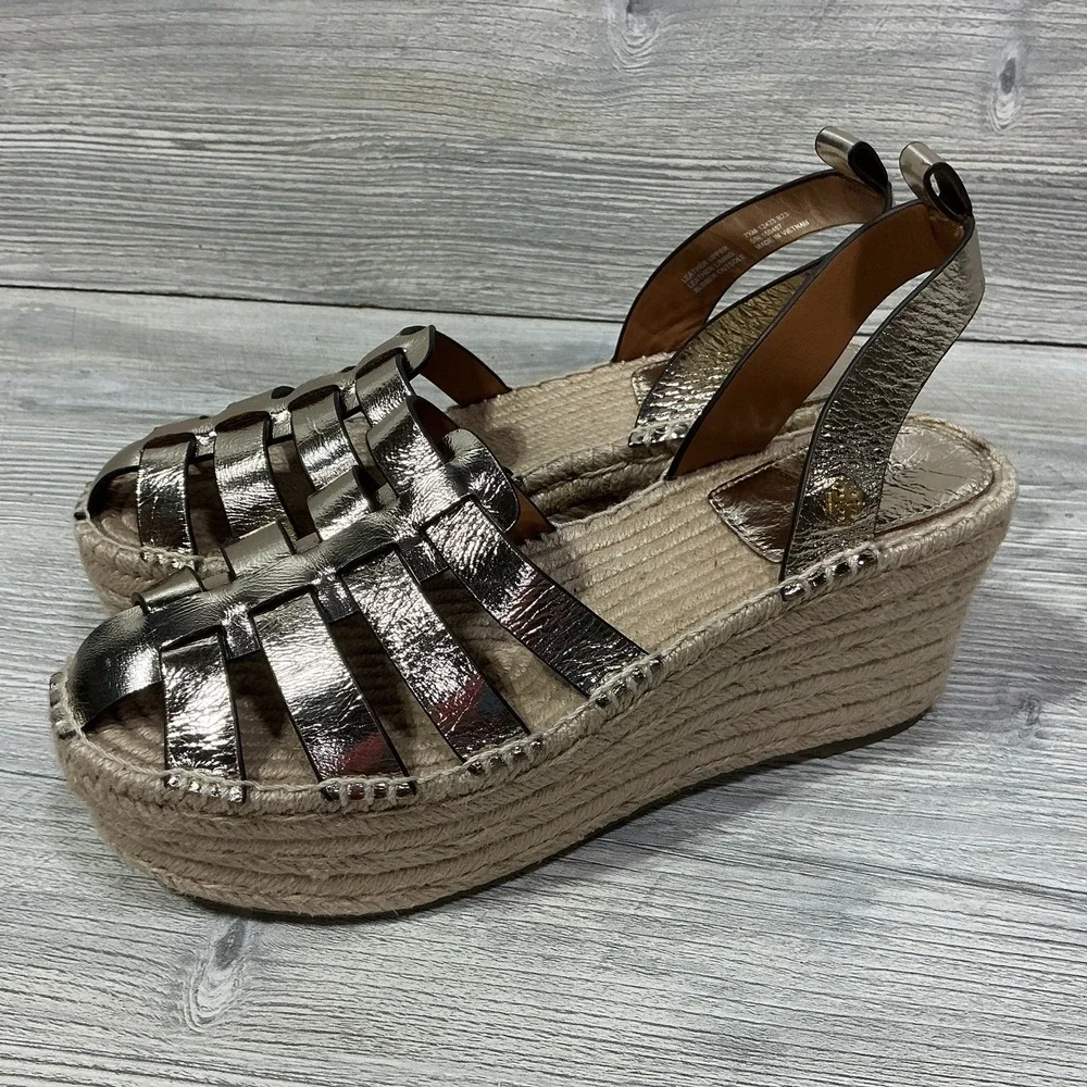 NEW Tory Burch Fisherman Espadrille Platform Wedge Sandal in Spark Gold Size 7.5